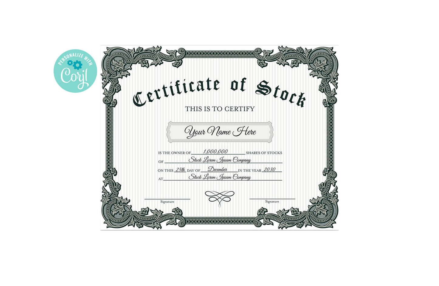 EDITABLE Certificate of Stock Template, Printable Green & White Stock Certificate Template, Vintage Style Stock Certificate DIY Template