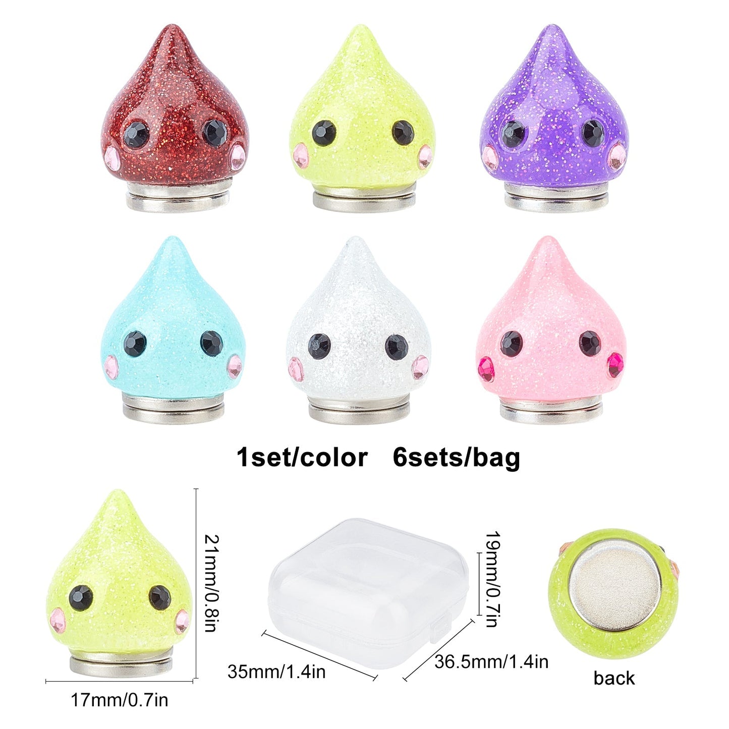 Craspire Plastic Locator, with Magnetic Buckle, Teardrop with Eye, Platinum, Mixed Color, 17x21mm, Box size: 35x36.5x19mm, 6 colors, 1set/color, 6sets/bag