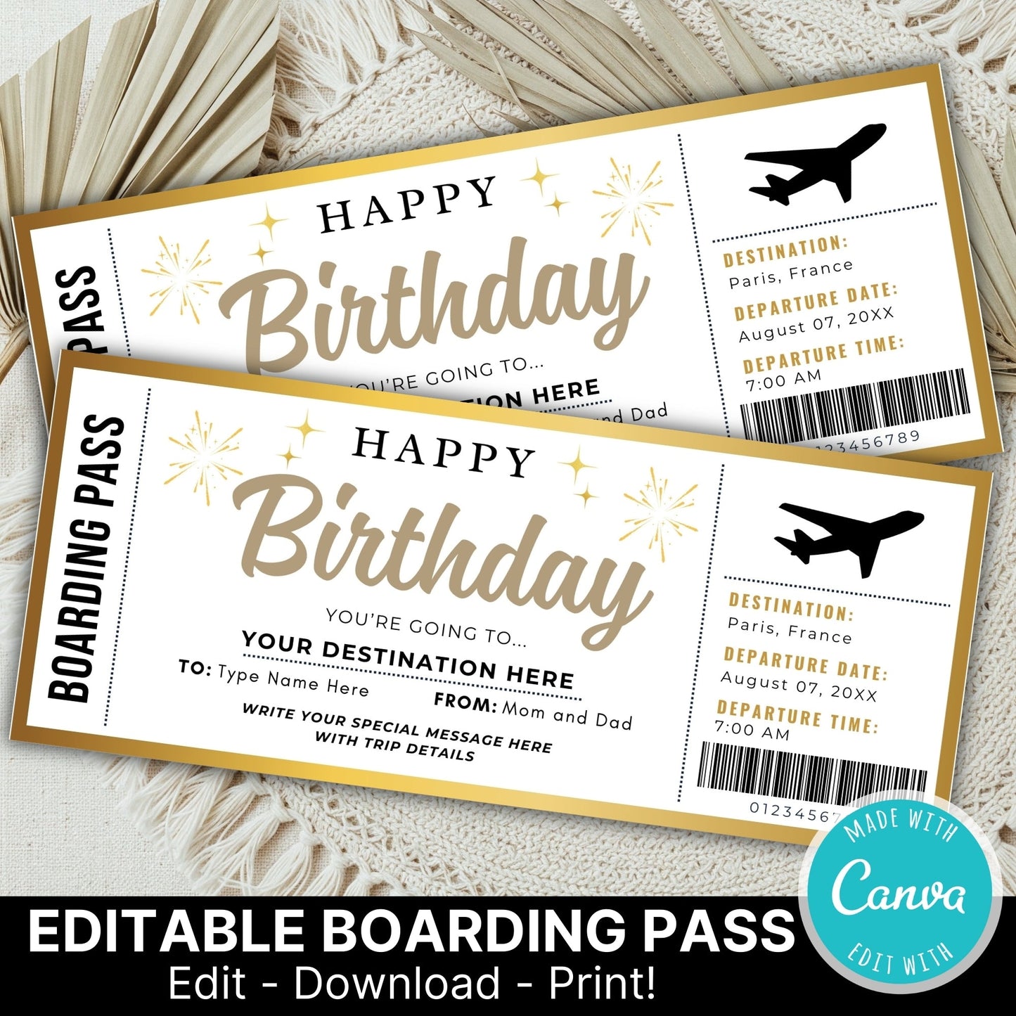 DIY Surprise Birthday Trip Boarding Pass Style Ticket | Travel Reveal Gift Template