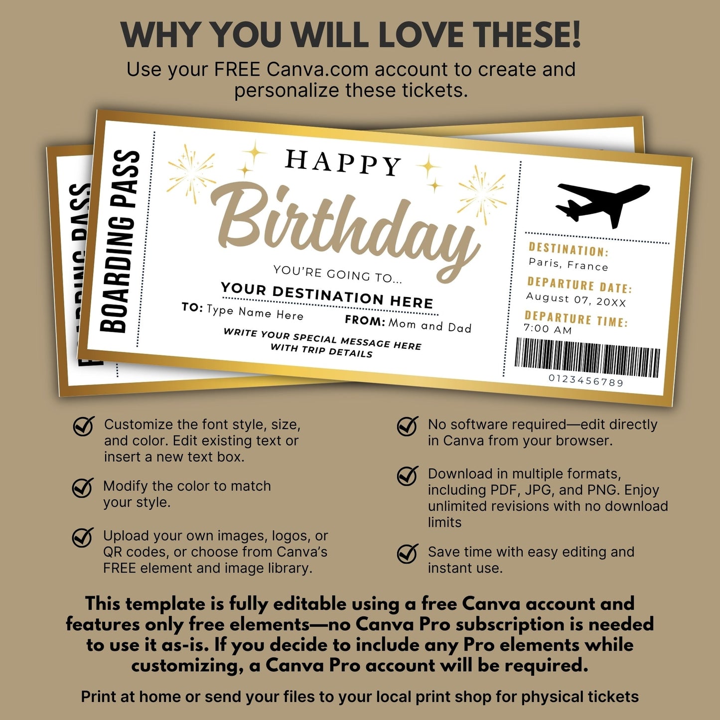DIY Surprise Birthday Trip Boarding Pass Style Ticket | Travel Reveal Gift Template