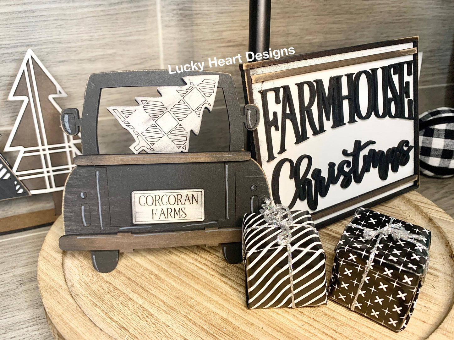 Farmhouse Christmas Tiered Tray File SVG, Holiday Truck Tier Tray Glowforge, LuckyHeartDesignsCo