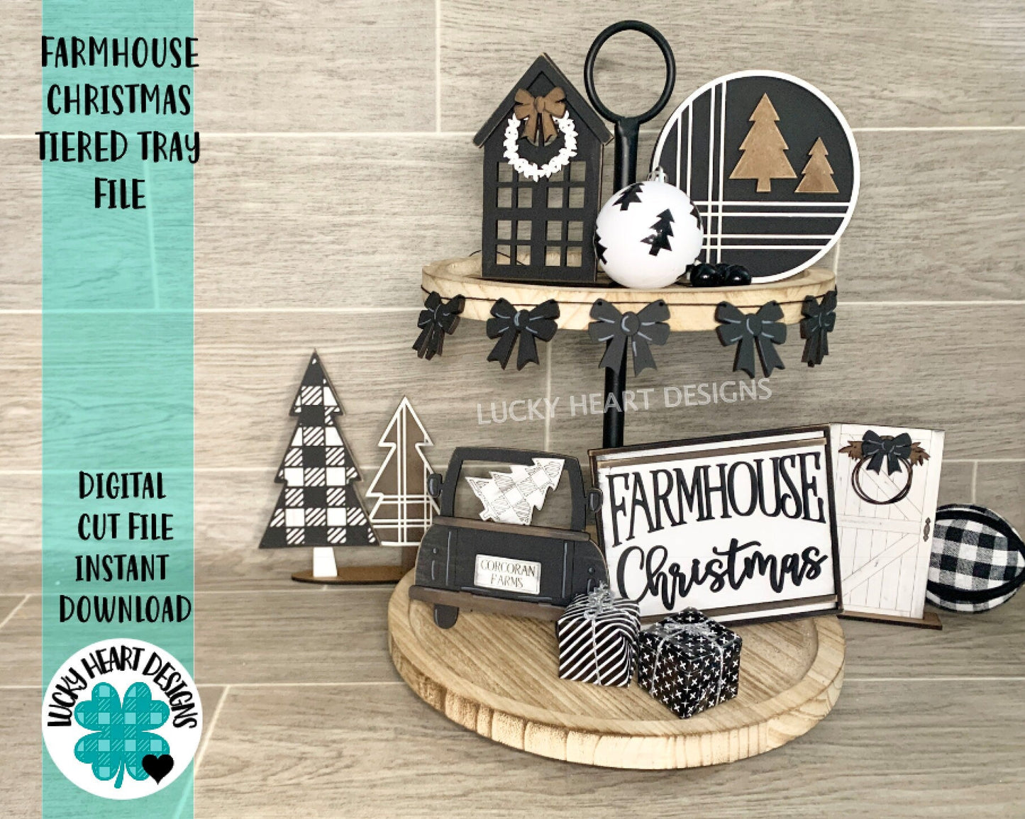 Farmhouse Christmas Tiered Tray File SVG, Holiday Truck Tier Tray Glowforge, LuckyHeartDesignsCo