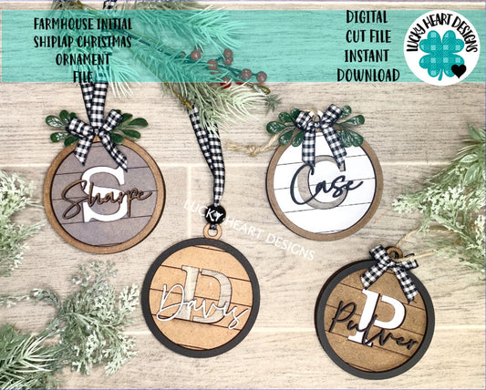 Farmhouse Shiplap Initial Christmas Ornament SVG file, Glowforge, Holiday Decor, LuckyHeartDesignsCo