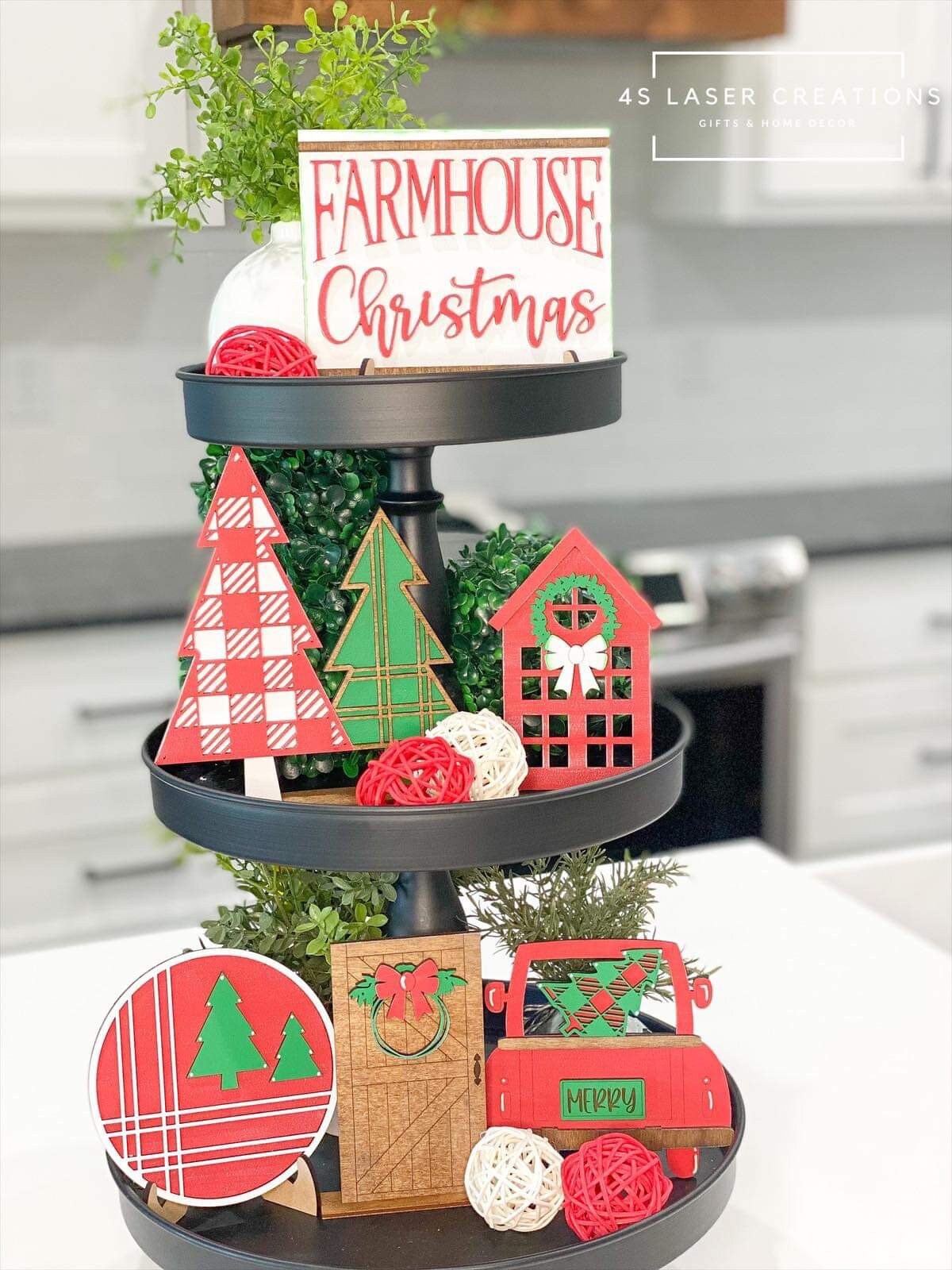 Farmhouse Christmas Tiered Tray File SVG, Holiday Truck Tier Tray Glowforge, LuckyHeartDesignsCo