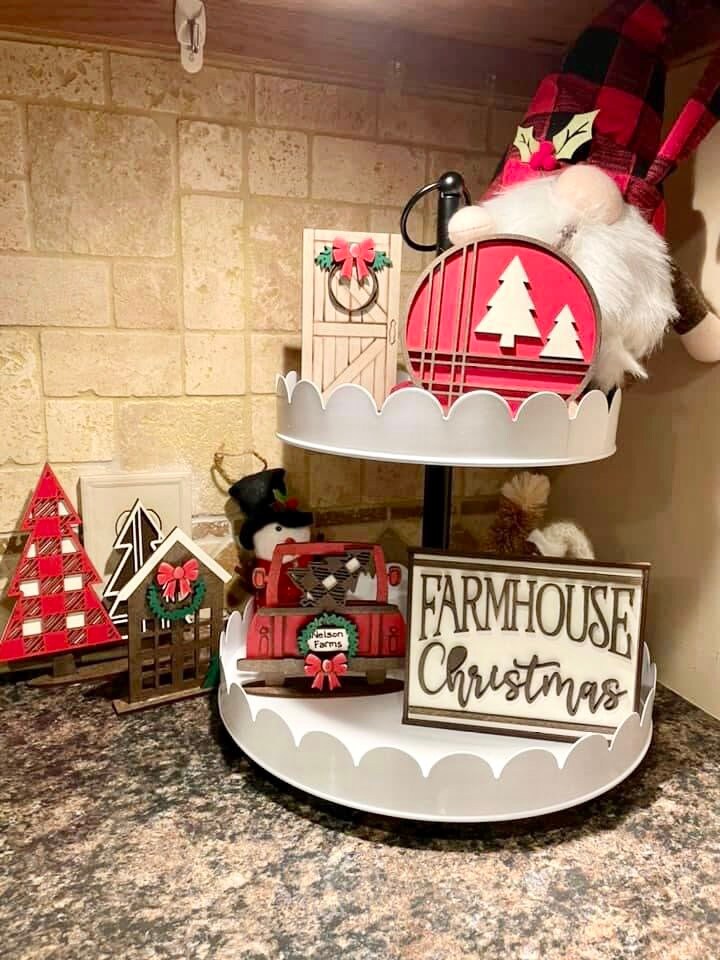 Farmhouse Christmas Tiered Tray File SVG, Holiday Truck Tier Tray Glowforge, LuckyHeartDesignsCo