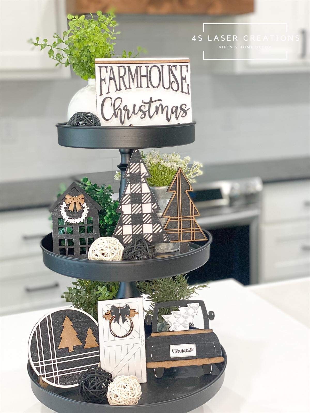Farmhouse Christmas Tiered Tray File SVG, Holiday Truck Tier Tray Glowforge, LuckyHeartDesignsCo