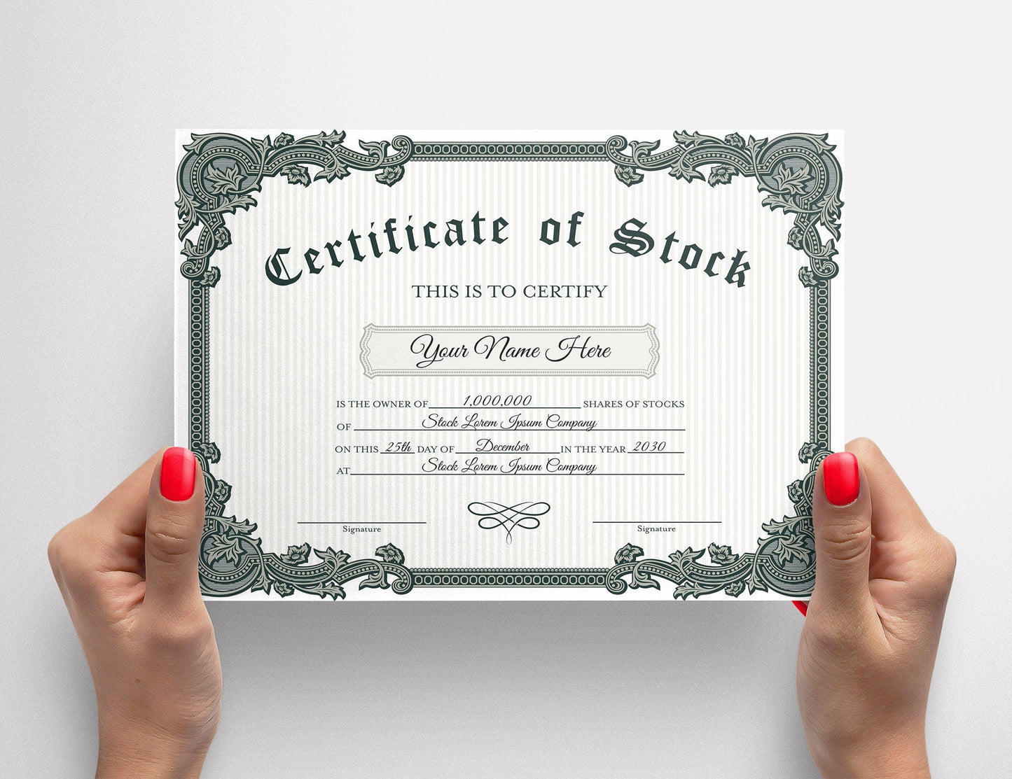 EDITABLE Certificate of Stock Template, Printable Green & White Stock Certificate Template, Vintage Style Stock Certificate DIY Template