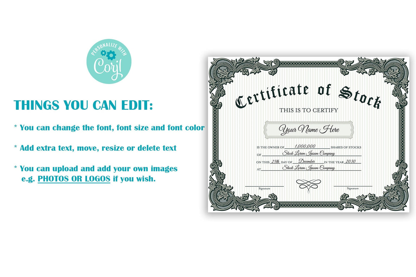 EDITABLE Certificate of Stock Template, Printable Green & White Stock Certificate Template, Vintage Style Stock Certificate DIY Template