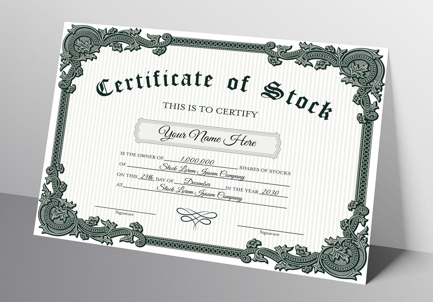 EDITABLE Certificate of Stock Template, Printable Green & White Stock Certificate Template, Vintage Style Stock Certificate DIY Template