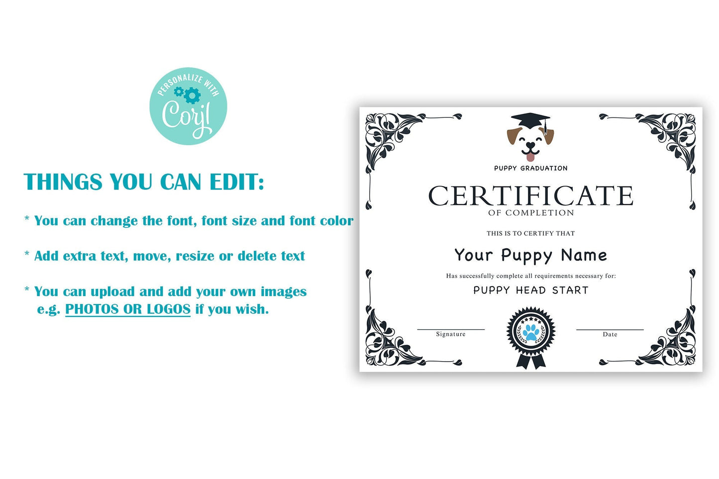 EDITABLE Puppy Dog Graduation Certificate Template, Downloadable Dog Award Certificate, Dog Training Certificate