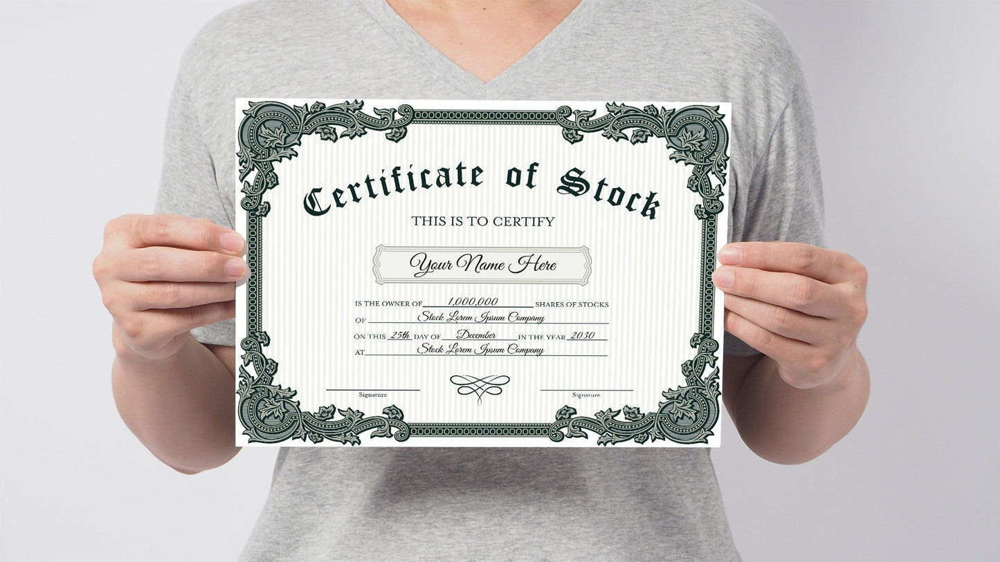 EDITABLE Certificate of Stock Template, Printable Green & White Stock Certificate Template, Vintage Style Stock Certificate DIY Template