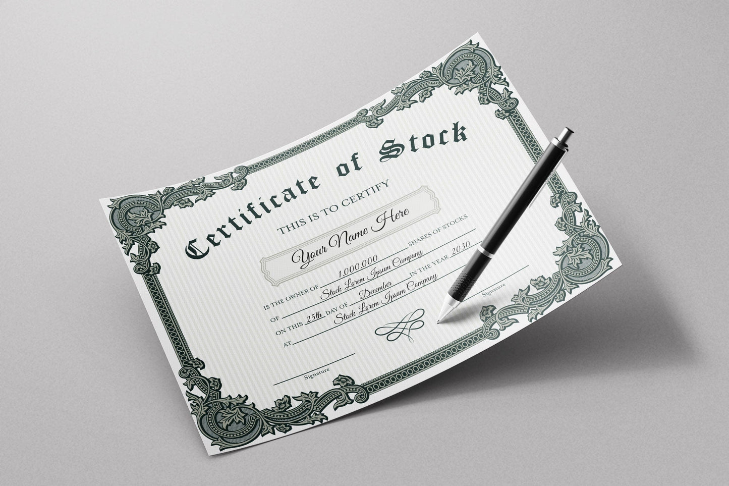EDITABLE Certificate of Stock Template, Printable Green & White Stock Certificate Template, Vintage Style Stock Certificate DIY Template