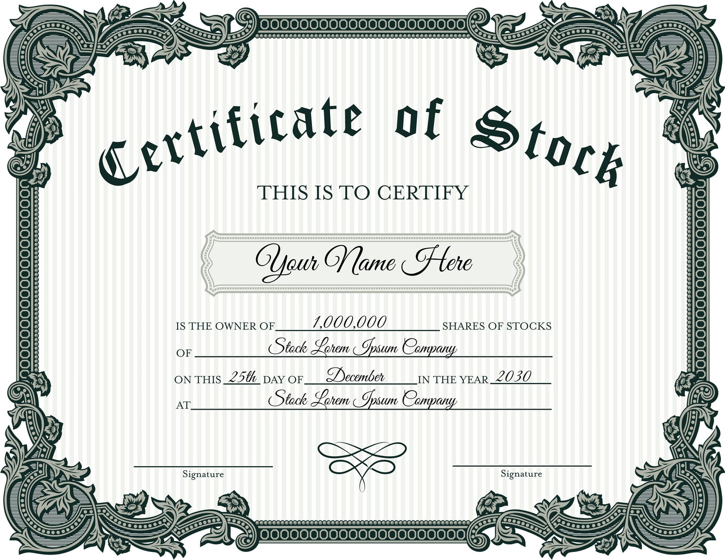 EDITABLE Certificate of Stock Template, Printable Green & White Stock Certificate Template, Vintage Style Stock Certificate DIY Template