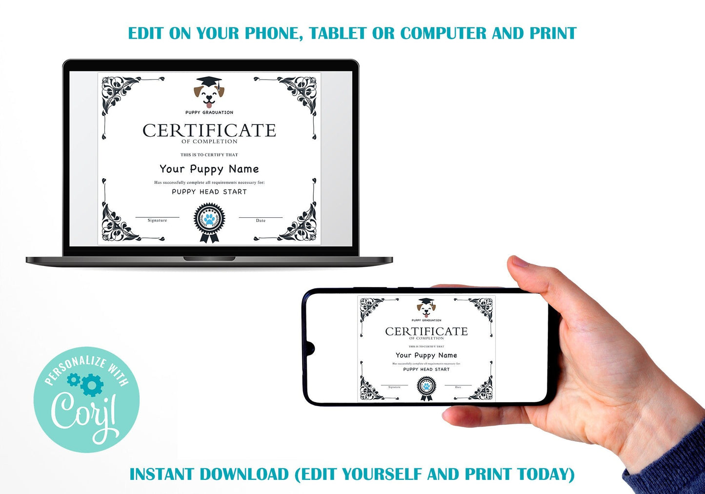 EDITABLE Puppy Dog Graduation Certificate Template, Downloadable Dog Award Certificate, Dog Training Certificate