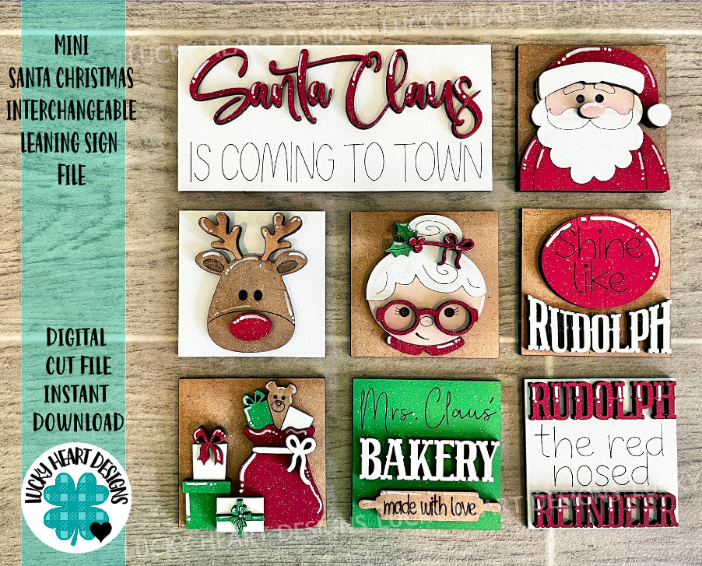 MINI Santa Christmas Interchangeable Leaning Sign File SVG, Rudolph, Mrs. Claus Tiered Tray Glowforge, LuckyHeartDesignsCo