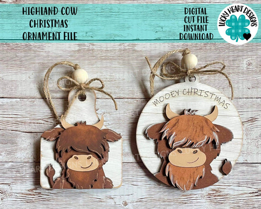 Highland Cow Christmas Ornament File SVG, Glowforge, Farm, LuckyHeartDesignsCo